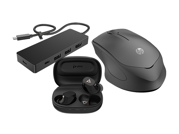 Poly Earbuds, HP USB-C Travel Hub G3 + HP 280 Silent Wireless Mouse Bundle