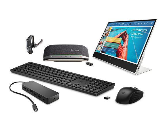 HP E14 G4 Portable Monitor, Poly Headset, Poly Speakerphone, USB-C Multiport Hub, + Wireless Keyboard and Mouse Bundle