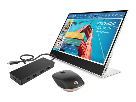 HP E14 G4 Portable Monitor, HP USB-C Travel Hub G3 + HP 410 Slim Silver Bluetooth Mouse Bundle