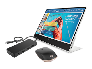 HP E14 G4 Portable Monitor, HP USB-C Travel Hub G3 + HP 410 Slim Silver Bluetooth Mouse Bundle