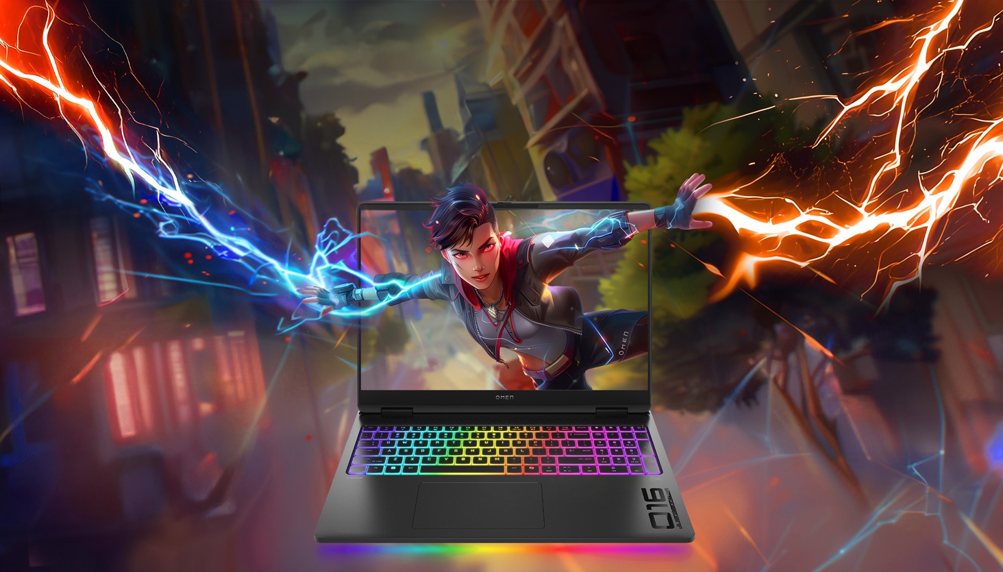 Gaming character poping out the screen of an OMEN Max 16 Gaming Laptop