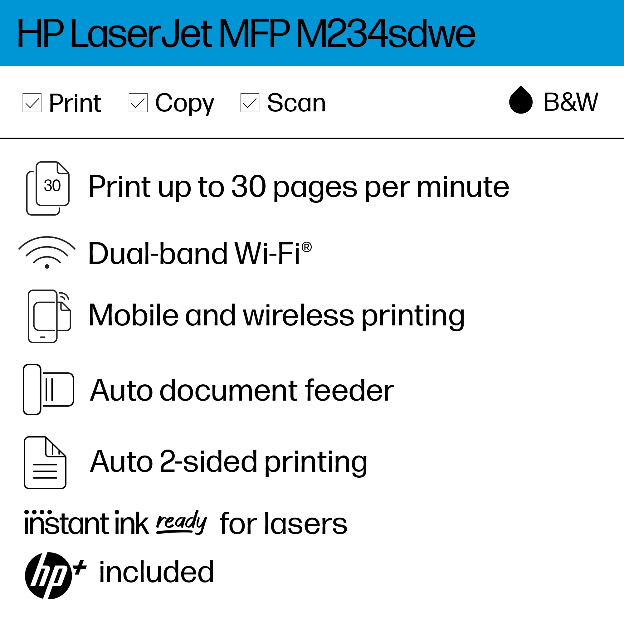 HP LaserJet MFP M234sdwe Printer Ink Instant toner HP+ bonus months w/ through 6